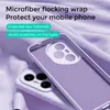 A purple phone case is shown with text overlays highlighting its features. Produktbild-Vorschau