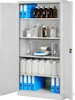 An open metal cabinet filled with various laboratory and office supplies. Produktbild-Vorschau