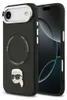 A black Karl Lagerfeld iPhone case with a silver camera ring and a Karl Lagerfeld character graphic is shown next to an iPhone. Produktbild-Vorschau