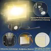 A marketing image showcasing a 100W LED floodlight with a motion sensor, highlighting its features like efficient cooling, durable material, and energy saving. Produktbild-Vorschau