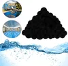 A pile of black filter balls next to two circular images of swimming pools and a water splash effect at the bottom. Voir les images du produit