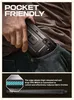 A person is putting a phone case into their jeans pocket. Below is a close-up of the phone case edge with text describing its features. Náhled obrázku produktu