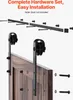 A diagram showing a sliding door hardware set with components laid out and a close-up of the rollers attached to a wooden door. Podgląd zdjęcia produktu