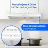 A white range hood installed above a stovetop with two pots on it. Produktbild-Vorschau