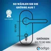 Diagram of a door handle with dimensions and available sizes, along with a quality seal and brand logo. Anteprima dell’immagine prodotto