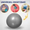 A collage of images showing a woman holding a pilates ball, a woman using a pilates ball between her legs, and hands holding a pilates ball, with a large pilates ball in the foreground. Produktbild-Vorschau