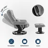 A recliner chair and ottoman are shown with graphical elements indicating features and usage. Produktbild-Vorschau