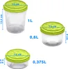 Three different sizes of clear plastic food containers with green lids are displayed with their dimensions and capacities. Náhľad obrázku produktu