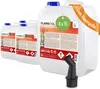 Four large plastic containers of bioethanol are shown, with one in the foreground and three behind it. A black pouring spout is also visible. Produktbild-Vorschau