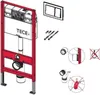An exploded view of a TECE base WC-Set with a flush plate, showing the mounting frame, cistern, flush plate, and various plumbing components. Podgląd zdjęcia produktu