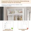 A white coat rack with shelves and hooks, shown with instructional diagrams below. Náhled obrázku produktu