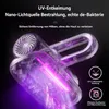 A close-up, transparent view of a handheld device with a purple UV light emitting from within, against a black background. Text overlays describe its features. Produktbild-Vorschau