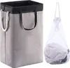 A collage showing two laundry bags. The left image shows a tall, gray, foldable laundry basket with black trim and rope handles. The right image shows a white mesh laundry bag filled with clothes. Produktbild-Vorschau