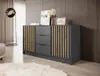 A modern living room with a dark gray sideboard with wooden slats, decorated with artwork and a vase. Produktbild-Vorschau