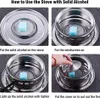 A four-panel instructional image showing how to use a portable alcohol stove. Podgląd zdjęcia produktu