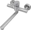 A stainless steel kitchen faucet with a long spout, mounted on a white background. Podgląd zdjęcia produktu