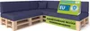 A sectional sofa made of wooden pallets and blue cushions, with marketing signs. Podgląd zdjęcia produktu