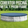 A round swimming pool with a blue cover, set on a grassy lawn with trees in the background. Produktbild-Vorschau