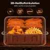 An illustration showing the inside of an air fryer with heating elements and food. Produktbild-Vorschau