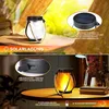 Collage showing a solar flame lantern, its solar panel, and USB charging port, with text descriptions of features. Produktbild-Vorschau