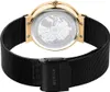 The back of a watch with a black mesh strap and a gold-colored case. Produktbild-Vorschau