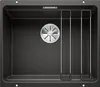 A top-down view of a dark gray kitchen sink with a silver drain. Produktbild-Vorschau