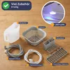 A collection of accessories for a dishwasher laid out on a wooden surface. Produktbild-Vorschau