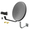 A satellite dish and its components are displayed against a white background. Produktbild-Vorschau