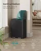 A black kitchen trash can with two compartments is shown in a room setting, with text overlays highlighting its quiet operation. Produktbild-Vorschau