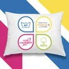 A white pillow with four circular icons displaying product features and certifications, set against a colorful diagonal background. Náhled obrázku produktu