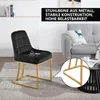 A black velvet dining chair with gold metal legs is shown in a room with a grey sofa in the background. Produktbild-Vorschau