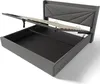 A grey upholstered bed frame with the storage lift-up mechanism open, revealing the wooden slats and the storage compartment underneath. Produktbild-Vorschau