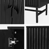 Collage of close-up shots of a black wooden cabinet, showing details of the handle, legs, hinge, and fluted door. Produktbild-Vorschau