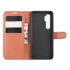 A brown wallet-style phone case is open, showing the inside compartments and the phone holder. Produktbild-Vorschau