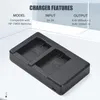 A black dual battery charger with text overlay describing its features. Náhled obrázku produktu