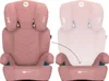 Two images of a pink child car seat, one showing the full seat and the other showing a part of it with an arrow indicating a movement. Náhled obrázku produktu