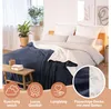 A cozy bedroom scene with a dark blue and cream sherpa blanket draped over a bed. Náhľad obrázku produktu