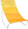 A close-up studio shot of a foldable beach chair with a striped yellow and orange fabric. Voir les images du produit