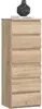 A tall, narrow chest of drawers with six drawers, made of light brown wood-effect material, is shown against a white background. A black decorative object sits on top of the chest. Voir les images du produit