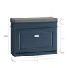A blue shoe cabinet with a gray upholstered seat on top, shown with dimensions indicated by measurement lines and text. Náhľad obrázku produktu