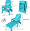 Diagrams and dimensions of a blue folding lounge chair. Produktbild-Vorschau