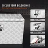 A close-up of a silver aluminum toolbox with a diamond plate pattern, accompanied by feature callouts and text. Produktbild-Vorschau
