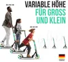 Three people of different heights are shown with scooters, illustrating variable height adjustment for different users. Produktbild-Vorschau