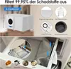 The image shows a vacuum cleaner dust bag and its features, along with illustrations of what it filters. Produktbild-Vorschau