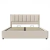 A beige upholstered bed frame with a slatted base, shown from the front against a white background. Anteprima dell’immagine prodotto