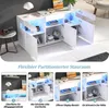 A white sideboard with blue LED lighting, shown with its doors open to display storage compartments. Below the main image are four smaller images illustrating different aspects of the sideboard's functionality and storage. Produktbild-Vorschau