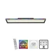 A modern LED ceiling lamp with RGB and CCT color changing capabilities, shown with its remote control and feature icons. Produktbild-Vorschau