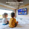 Two children sitting on a bed watching a TV screen mounted on the wall. Produktbild-Vorschau