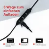 Close-up of a black charging cable with inline controls, with German text and icons illustrating charging methods. Produktbild-Vorschau