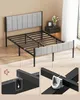 A bed frame with a gray upholstered headboard and footboard, shown in a room setting with a nightstand and a window. Close-up insets show assembly details. Náhled obrázku produktu